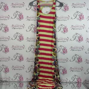 Solemio Los Angeles dress floral open back keyhole Pink Green Striped long